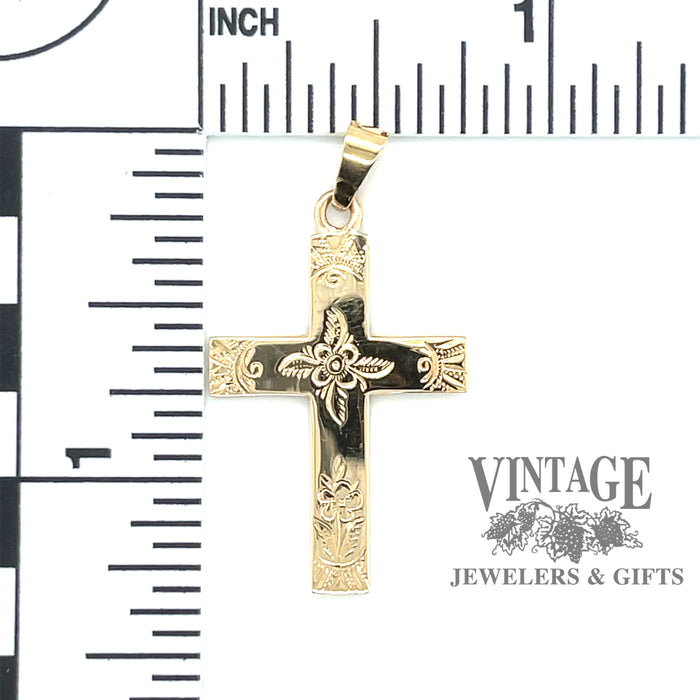 14 karat yellow gold hand engraved floral design cross, with scale