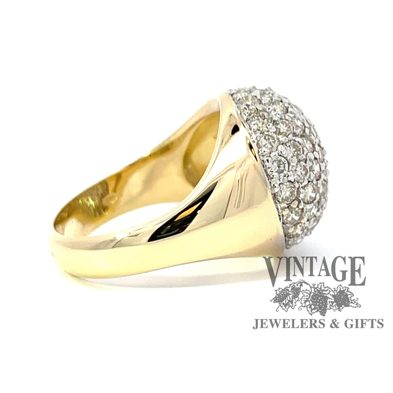18 karat two tone gold domed 1 carat total weight diamond pave ring, side view