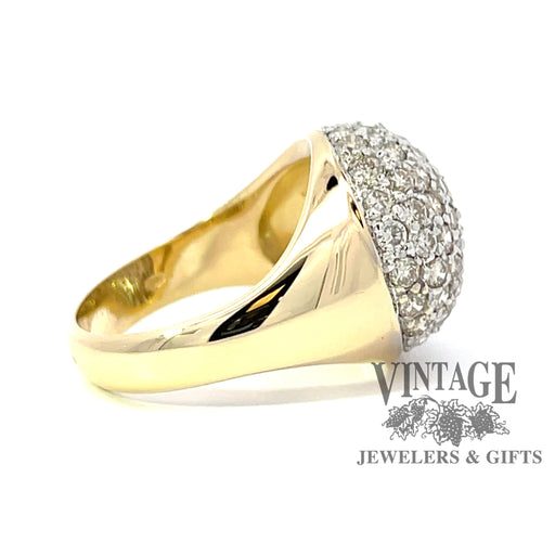 18 karat two tone gold domed 1 carat total weight diamond pave ring, side view