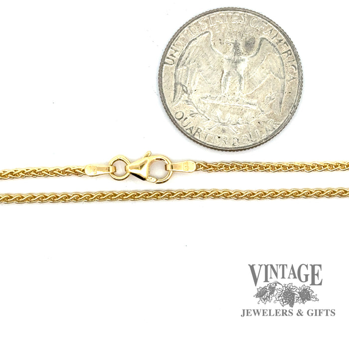 20” 1.7mm thick 18ky gold wheat chain, shown with quarter for size reference