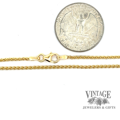 18” 1.7mm thick 18ky gold wheat chain, with quarter for size reference
