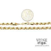 14ky gold 20” hollow rope 5.3m chain, shown with quarter for scale