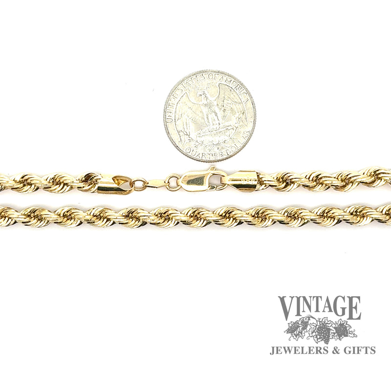 14ky gold 20” hollow rope 5.3m chain, shown with quarter for scale