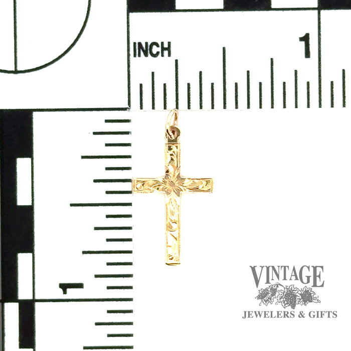 14ky gold hand engraved small cross with scale