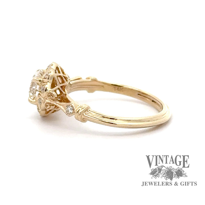 14ky gold .82ctw diamond scalloped halo vintage inspired ring, alternate side view