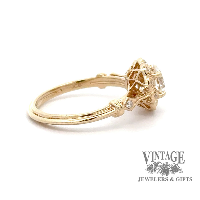 14ky gold .82ctw diamond scalloped halo vintage inspired ring, side view