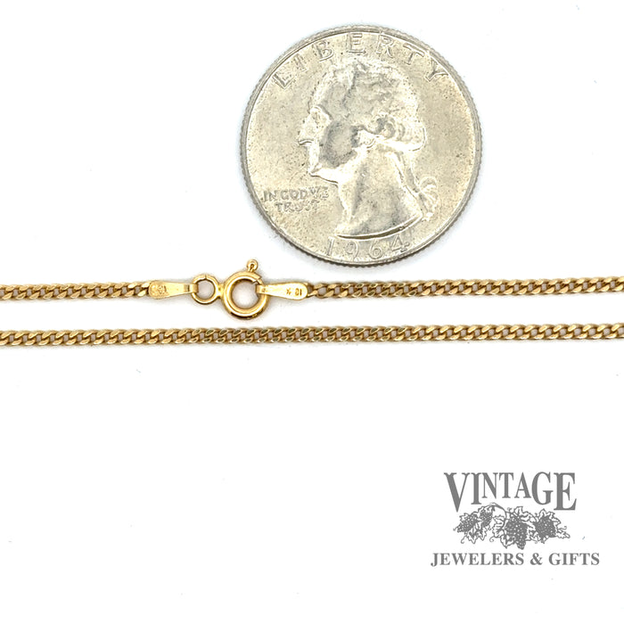 21” 18ky gold 1.6mm curb link chain necklace, shown with quarter for scale