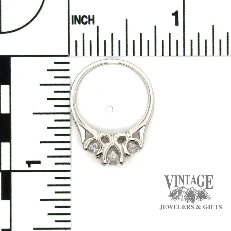 Three stone diamond decagon brilliant cut platinum ring scale