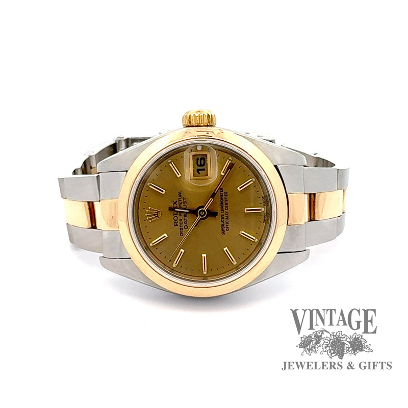 Ladies pre-owned Rolex oyster perpetual datejust stainless steel and 18ky gold watch, close up