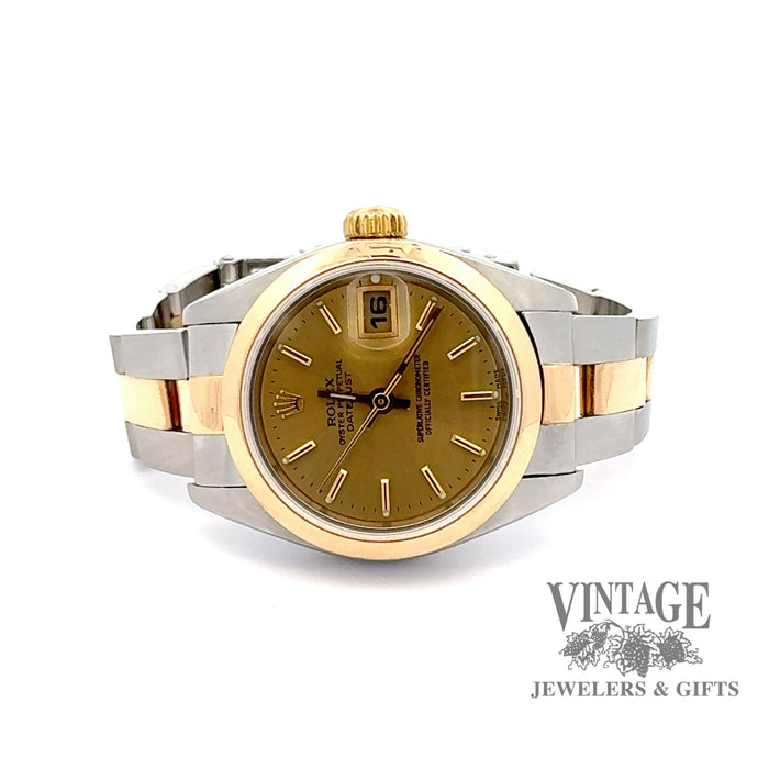Ladies pre-owned Rolex oyster perpetual datejust stainless steel and 18ky gold watch, close up