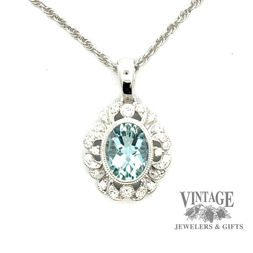 Oval aquamarine and diamond scroll halo 14kw gold necklace