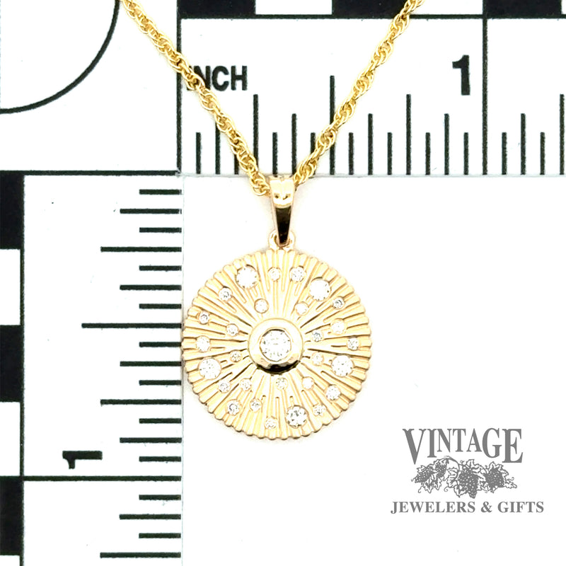 Diamond flush set radial 14ky gold necklace scale