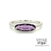 Elonaged oval amethyst and diamond east west 14kw gold ring