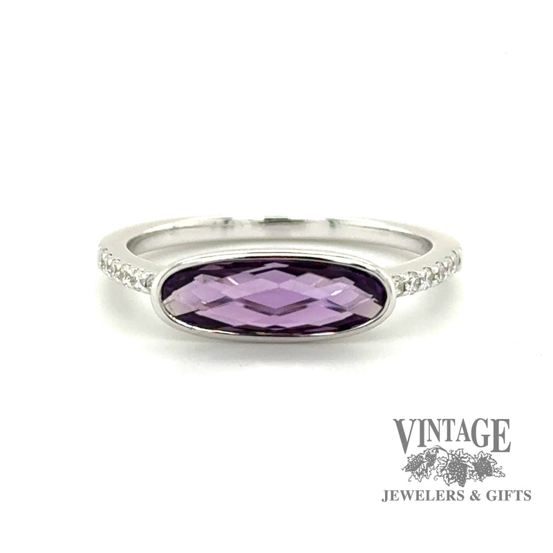 Elonaged oval amethyst and diamond east west 14kw gold ring
