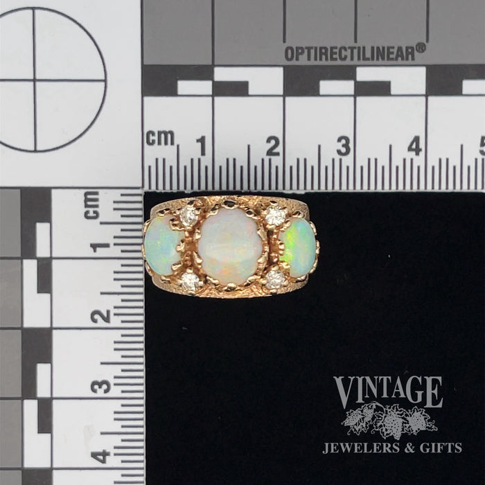 4.5ctw Three stone crystal opal diamond 14ky ring scale