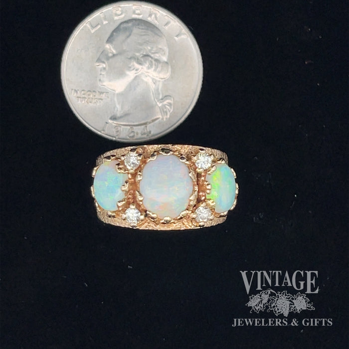 4.5ctw Three stone crystal opal diamond 14ky ring quarter for scale