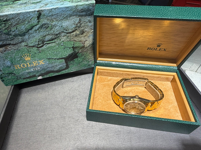 Vintage Rolex Oyster Perpetual Date 15505 Gold Shell Automatic Watch – Circa 1982 Pre-Owned Inner and Outer Box