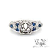 Diamond  and blue sapphire cabochon vintage inspired platinum semi-mount ring