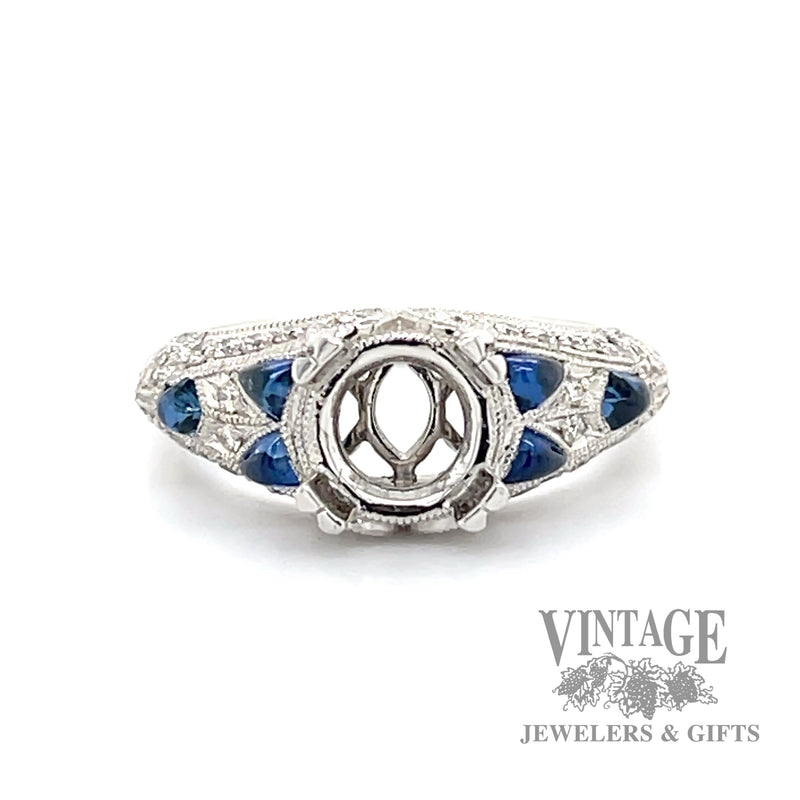 Diamond  and blue sapphire cabochon vintage inspired platinum semi-mount ring