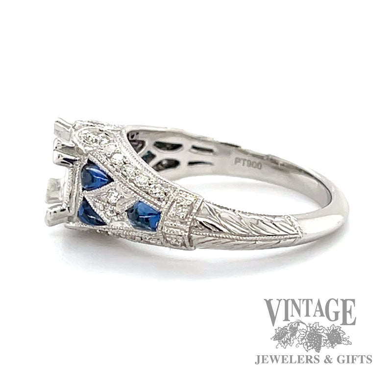 Diamond  and blue sapphire cabochon vintage inspired platinum semi-mount ring side1