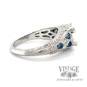 Diamond  and blue sapphire cabochon vintage inspired platinum semi-mount ring side2