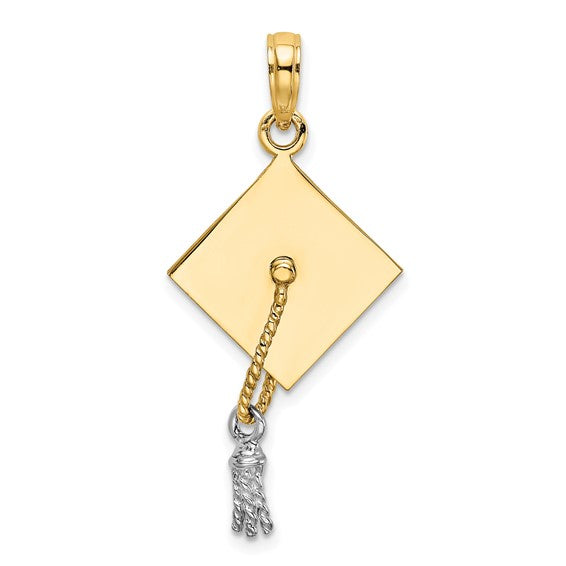 14 karat yellow gold graduation cap charm with rhodium finished swinging tassel, top side