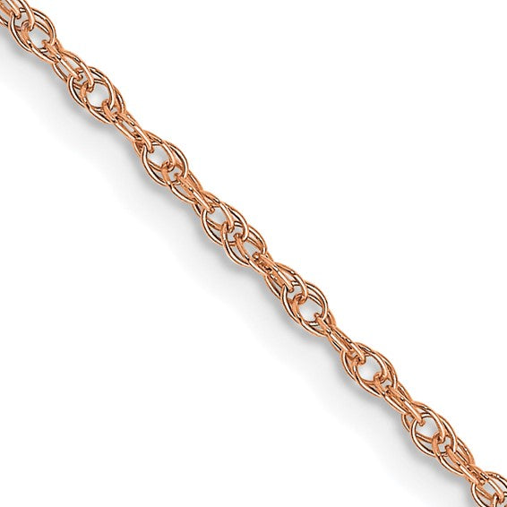14 karat rose gold 18" 1.15 mm light weight loose rope chain with spring ring clasp, link detail