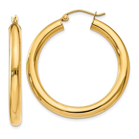 Medium size 14 karat yellow gold tube hoop pierced earrings 
