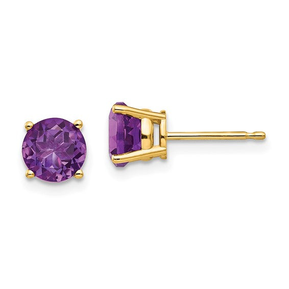 14 karat yellow gold 6 mm round amethyst stud earrings