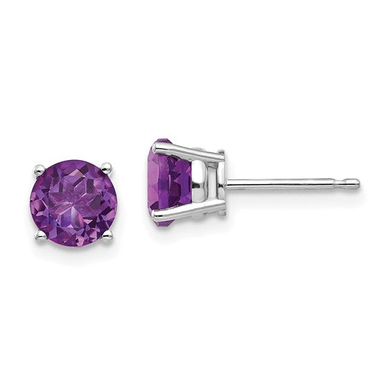 14 karat white gold 6 mm round amethyst stud earrings with rhodium finish