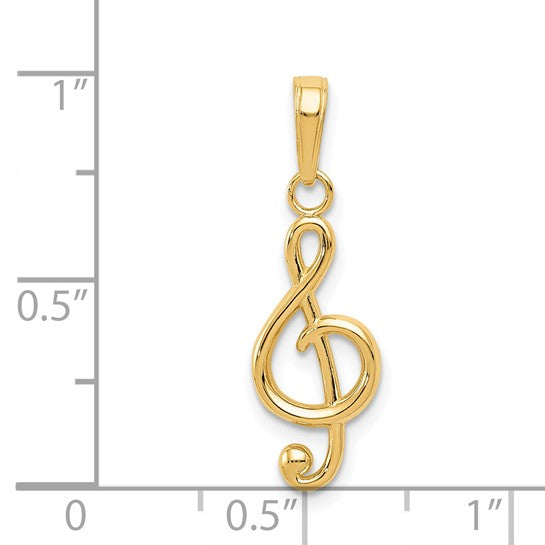 14 karat yellow gold treble clef pendant or charm, with measurements