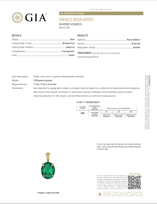 Heirloom quality natural emerald 18ky gold pendant GIA report