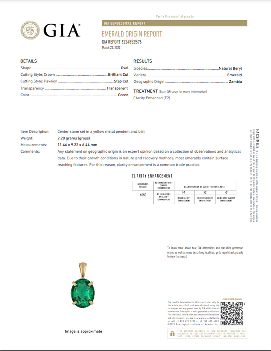 Heirloom quality natural emerald 18ky gold pendant GIA report