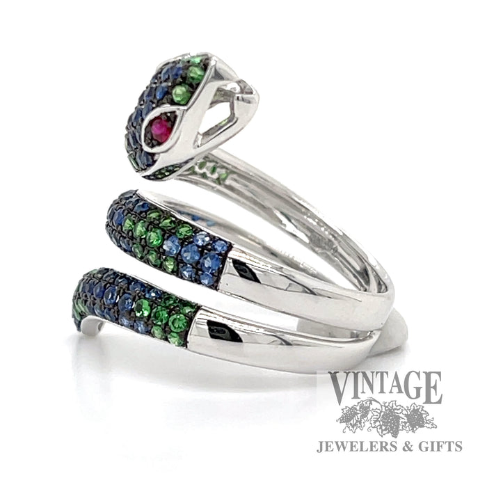 Side Snake sapphire, tsavorite and ruby 18kw gold ring 1