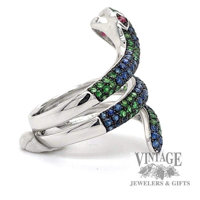 Snake sapphire, tsavorite and ruby 18kw gold ring side 2