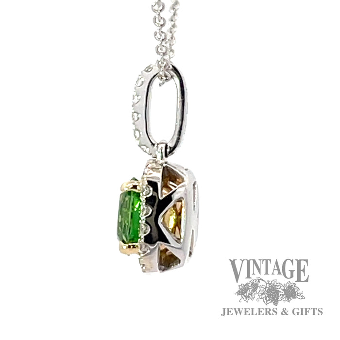 Tsavorite garnet and diamond cushion shaped 14kw gold necklace side.