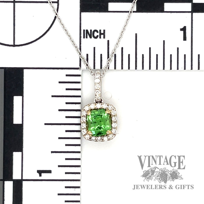 Tsavorite garnet and diamond cushion shaped 14kw gold necklace scale