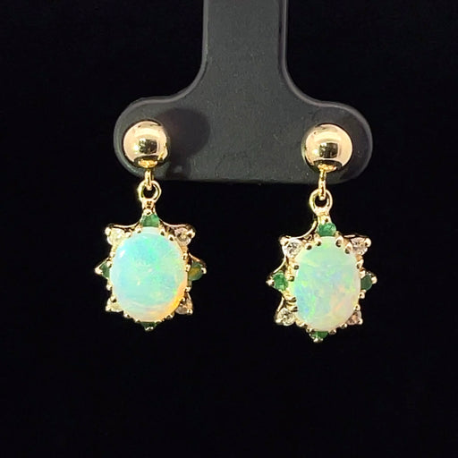 Opal emerald and diamond 14k gold drop earrings