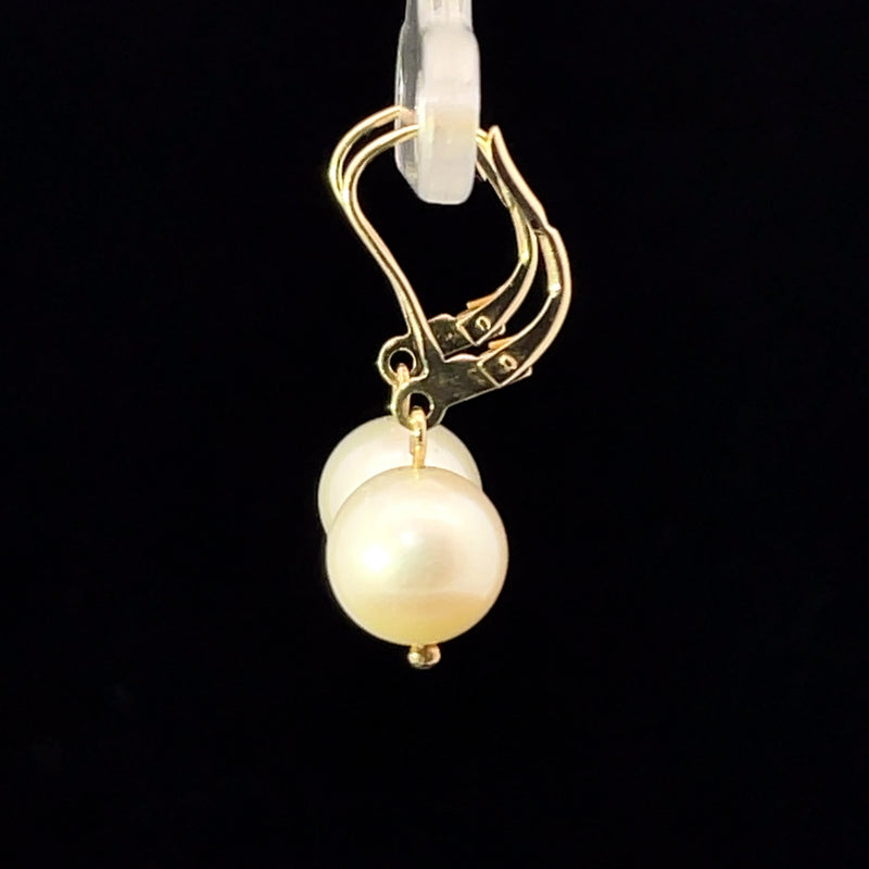 Pearl drop 14k gold leverback earrings