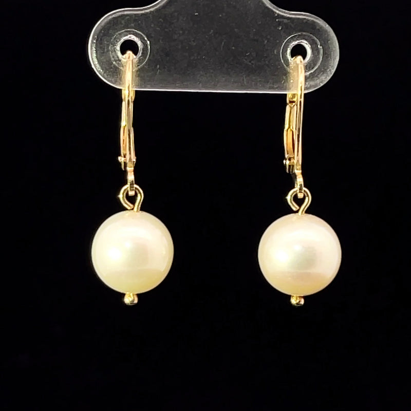 Pearl drop 14k gold leverback earrings