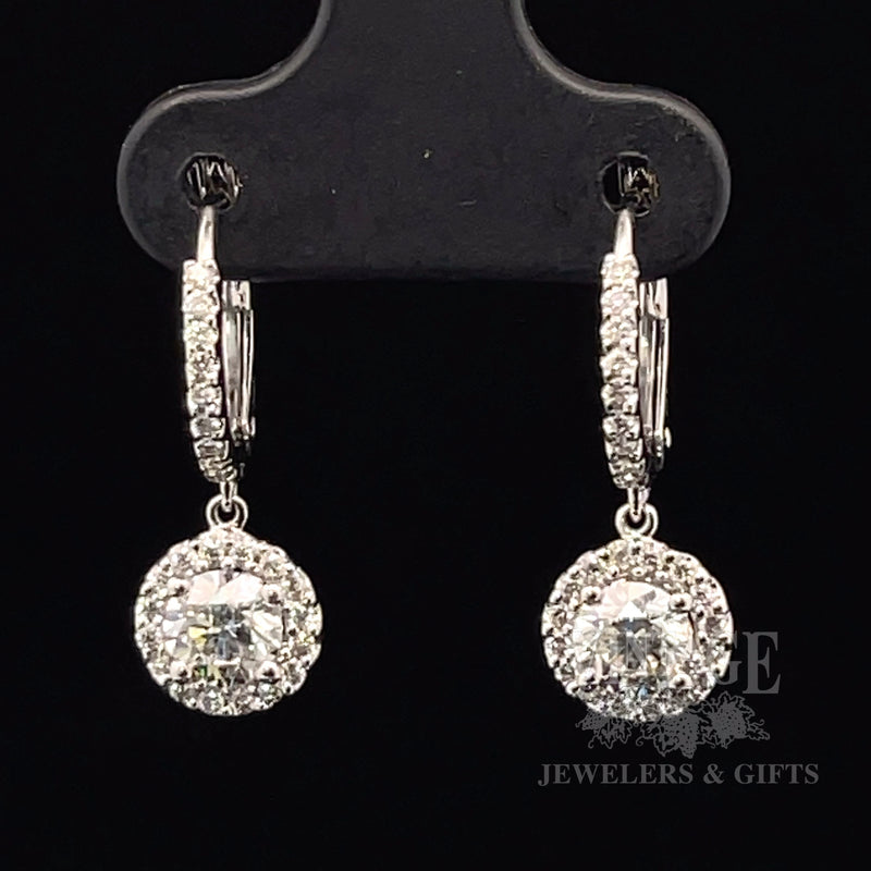 Natural Diamond Halo Drop 14k white gold earrings