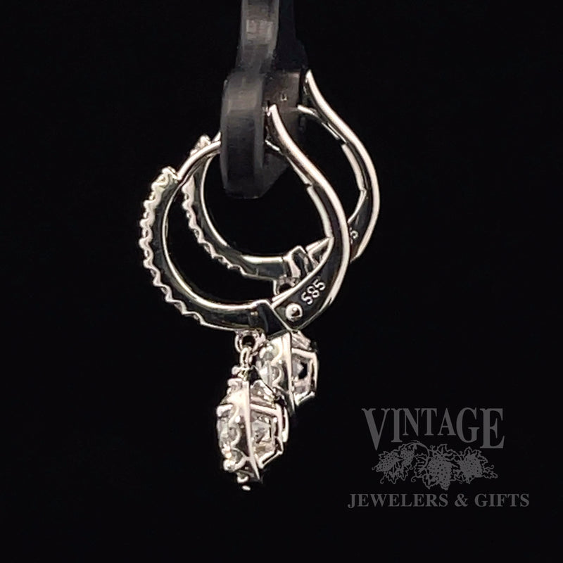 Natural Diamond Halo Drop 14k white gold earrings left