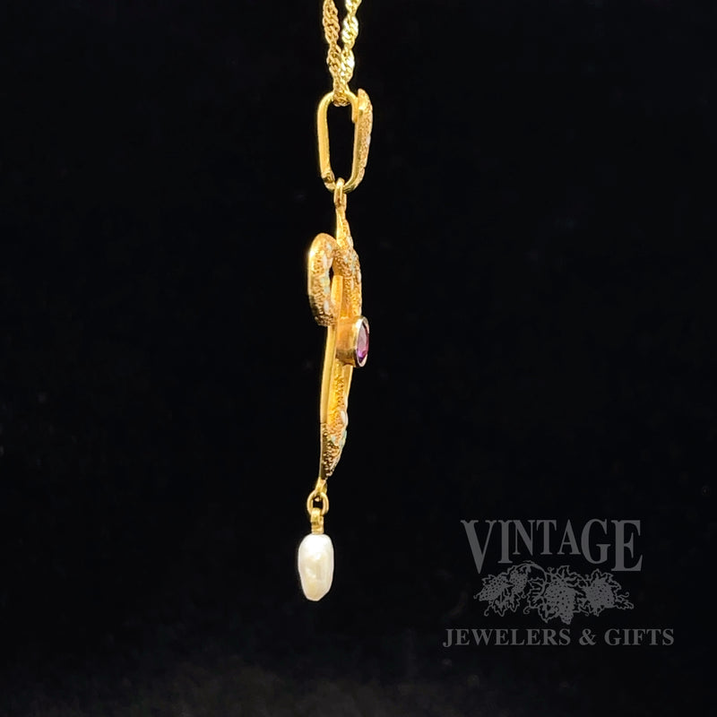 Art Nouveau Enameled Lavalier Pearl and Amethyst 14k gold Pendant right
