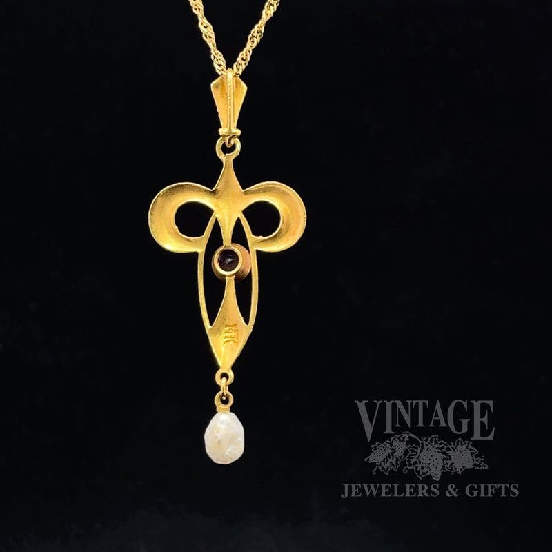 Art Nouveau Enameled Lavalier Pearl and Amethyst 14k gold Pendant back