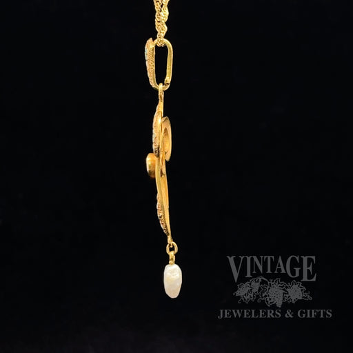 Art Nouveau Enameled Lavalier Pearl and Amethyst 14k gold Pendant left