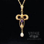 Art Nouveau Enameled Lavalier Pearl and Amethyst 14k gold Pendant