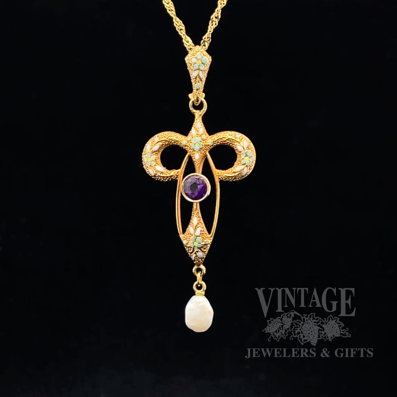 Art Nouveau Enameled Lavalier Pearl and Amethyst 14k gold Pendant