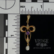 Art Nouveau Enameled Lavalier Pearl and Amethyst 14k gold Pendant scale