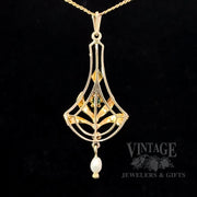 Antique Lavalier Natural Emerald and Pearl 10k gold Pendant back