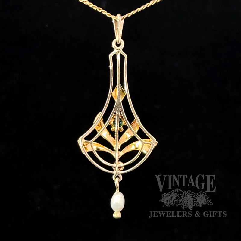 Antique Lavalier Natural Emerald and Pearl 10k gold Pendant back